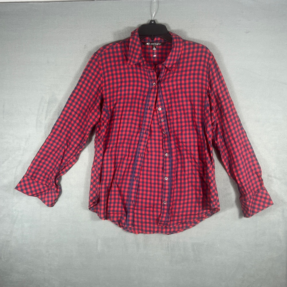 Lee Riders Womens Button Front Shirt L Red Navy Gingham Shape Illusions LS
